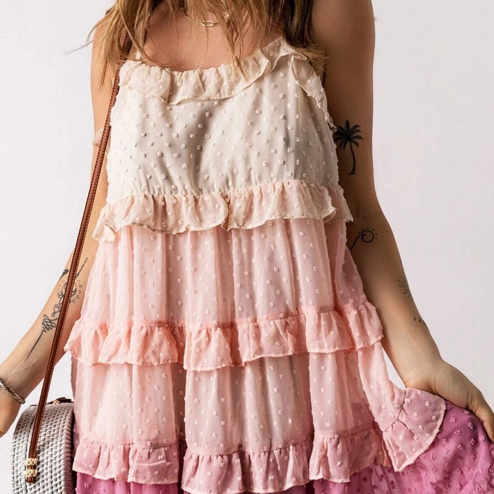 Multicolor Boho Womens Swiss Dot Ruffle Trim Layered Hem Cami Dress - Picture 5 of 5